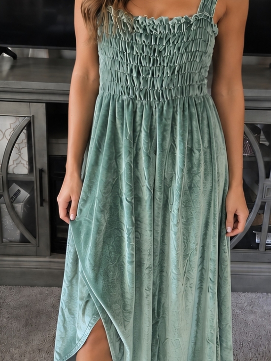 Free People Dresses & Skirts - Free People Sage Green Velvet Smocked Maxi Dress with Slit